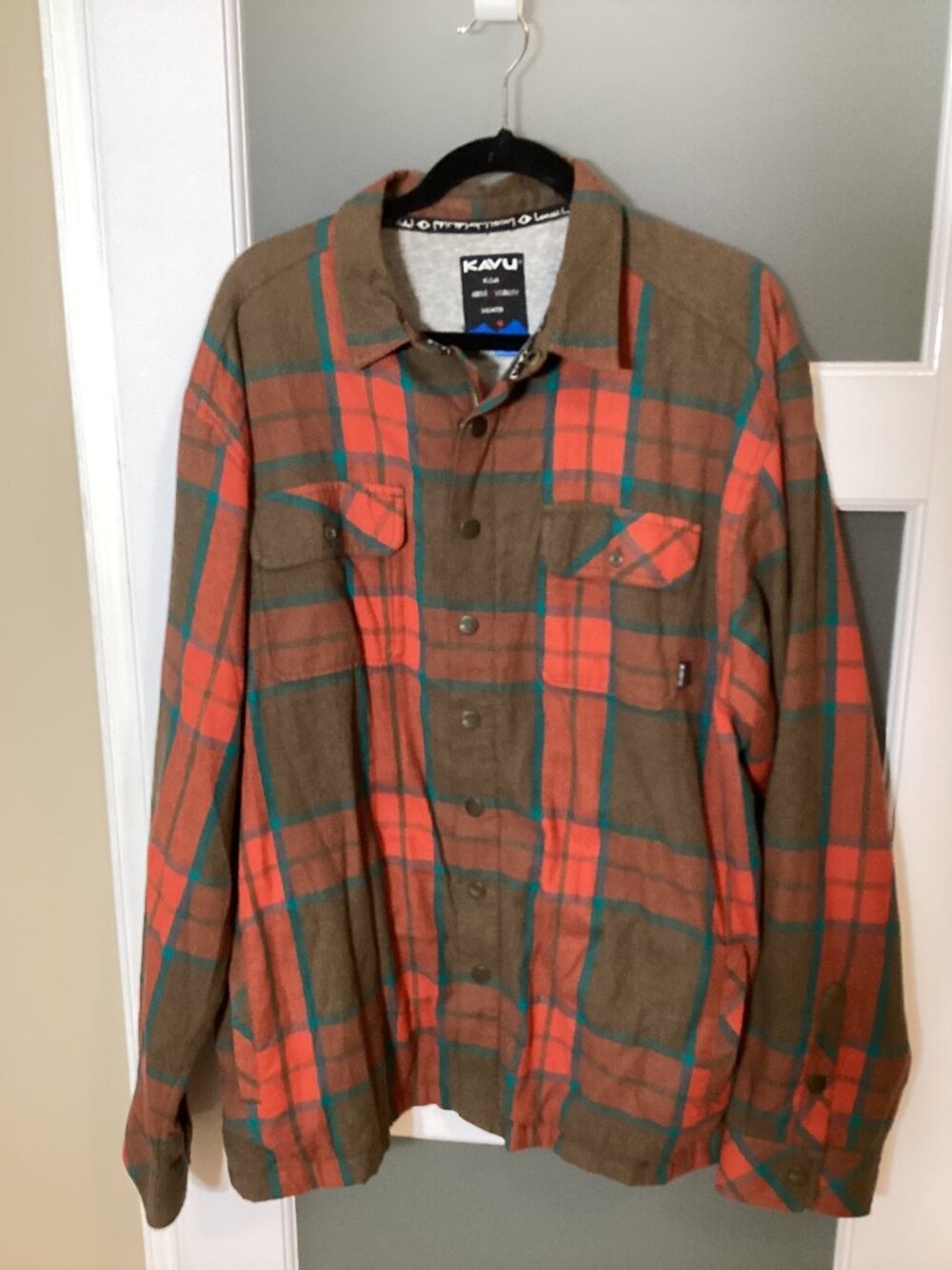 Kavu Mens Shacket Flannel Plaid Jacket Red Brown Snap Button & Full Zip Size XXL